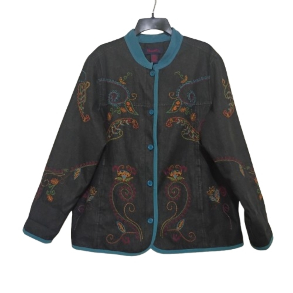 Denim & Co Floral Paisley Embroidered Artisian Inspire Vtg Jean Jacket Lge Boho - Picture 13 of 16